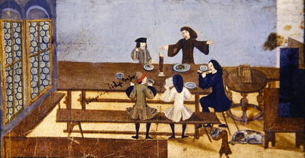 İçen figürlerin olduğu bir taverna iç sahnesi, c.1690 (kağıt üzerinde guaş) by German School