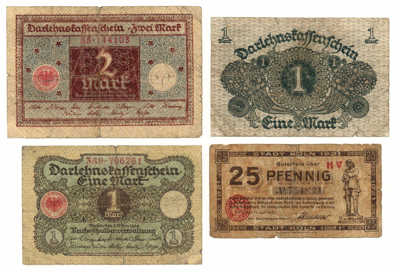 İki marklık bir banknot, iki bir mark banknot ve yirmi beş pfennig banknot, 1920-21 by German School