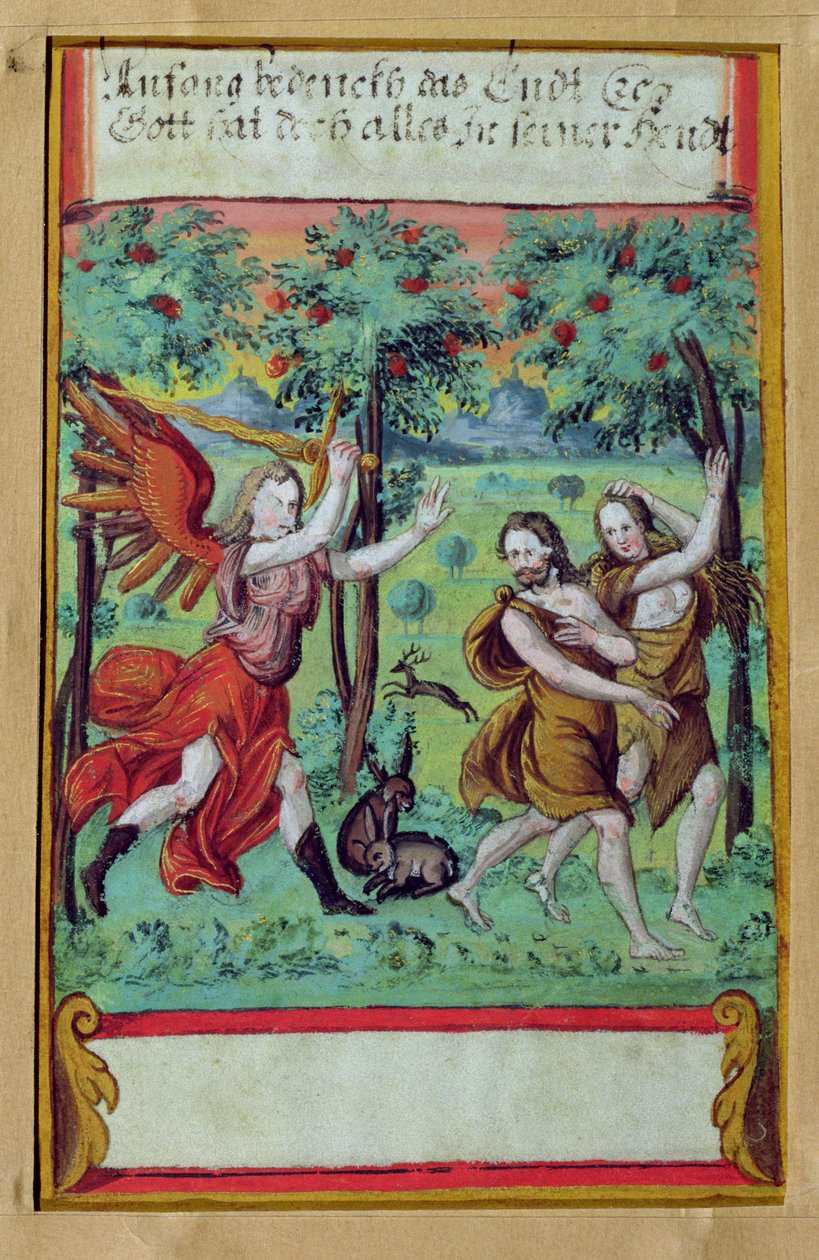 Adem ve Havva, Cennet Bahçesinden Kovuldu, 1640 dolayları (parşömen üzerine guaj boya) by German School