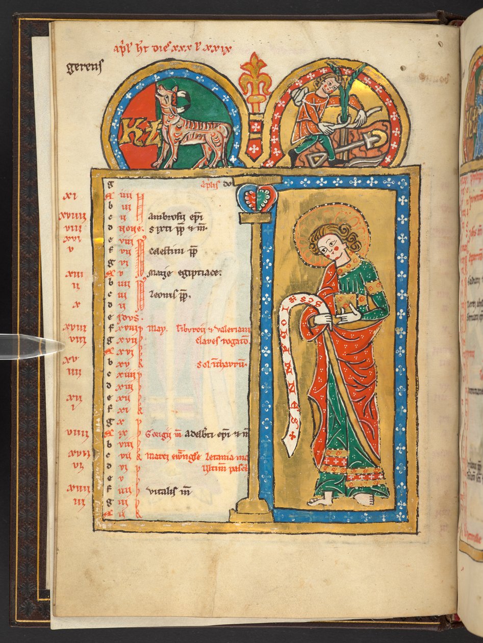 Ekle. 60629, f.2v Nisan, her biri Zodyak işareti, havari ve ayın emeği (parşömen) içeren mimari çerçeveli, altın ve renkli 12 Takvim sayfasının bir parçası by German School