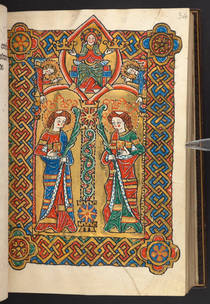 Ekle. 60629, f.34 Mesih ve melekler iki manastır azizi (parşömen) taçlandırır by German School