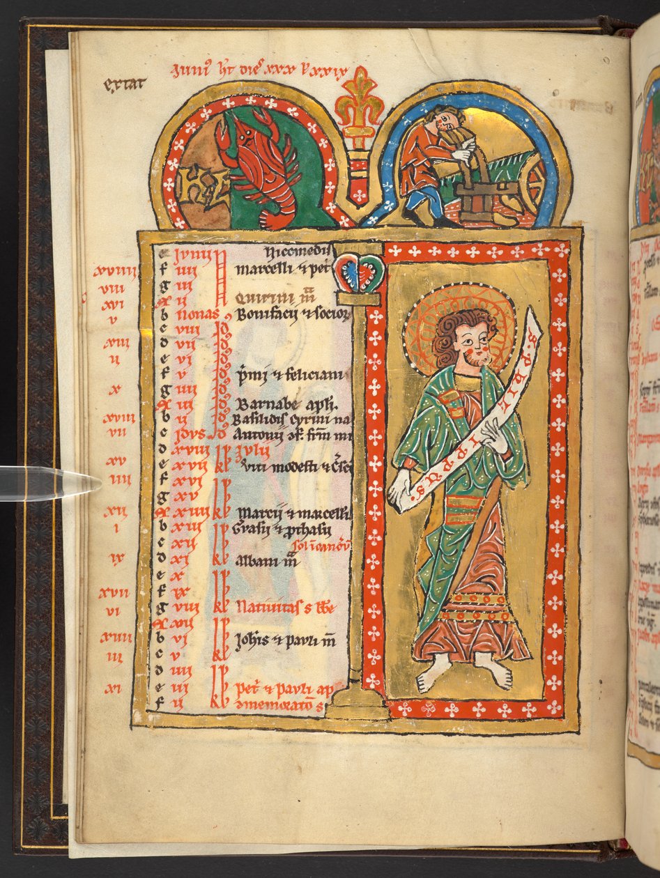 Ekle. 60629, f.3v Haziran, her biri Zodyak işareti, havari ve ayın emeği (parşömen) içeren mimari çerçeveli, altın ve renkli 12 Takvim sayfasından by German School