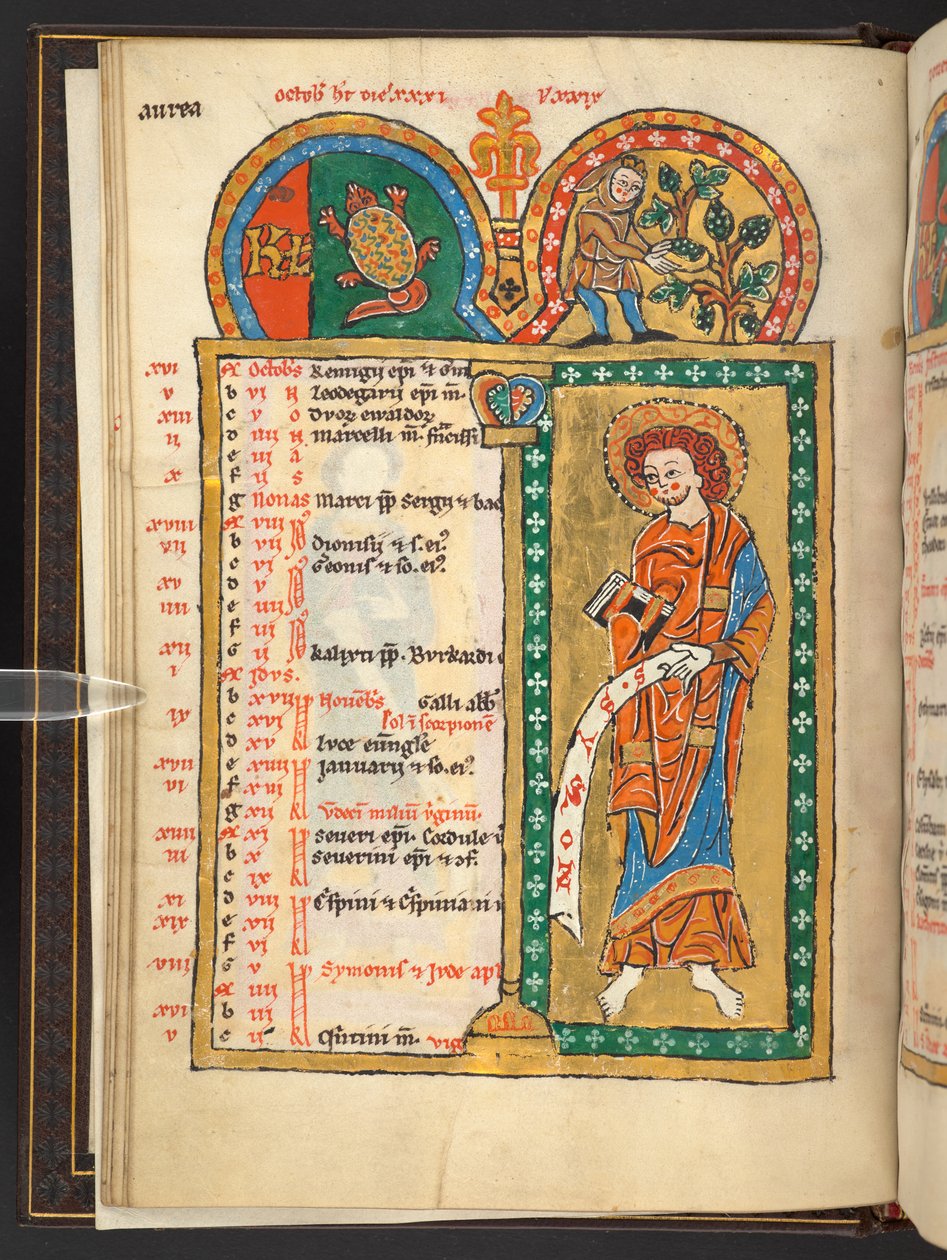 Ekle. 60629, f.5v Ekim. Altın ve renkli 12 takvim sayfası, her biri Zodyak işareti, havari ve ayın emeğini içeren mimari çerçeveli.  Zebur. rahibe kullanımı için bir takvim, ilahiler ve dualar ile ışıklı mezmur by German School