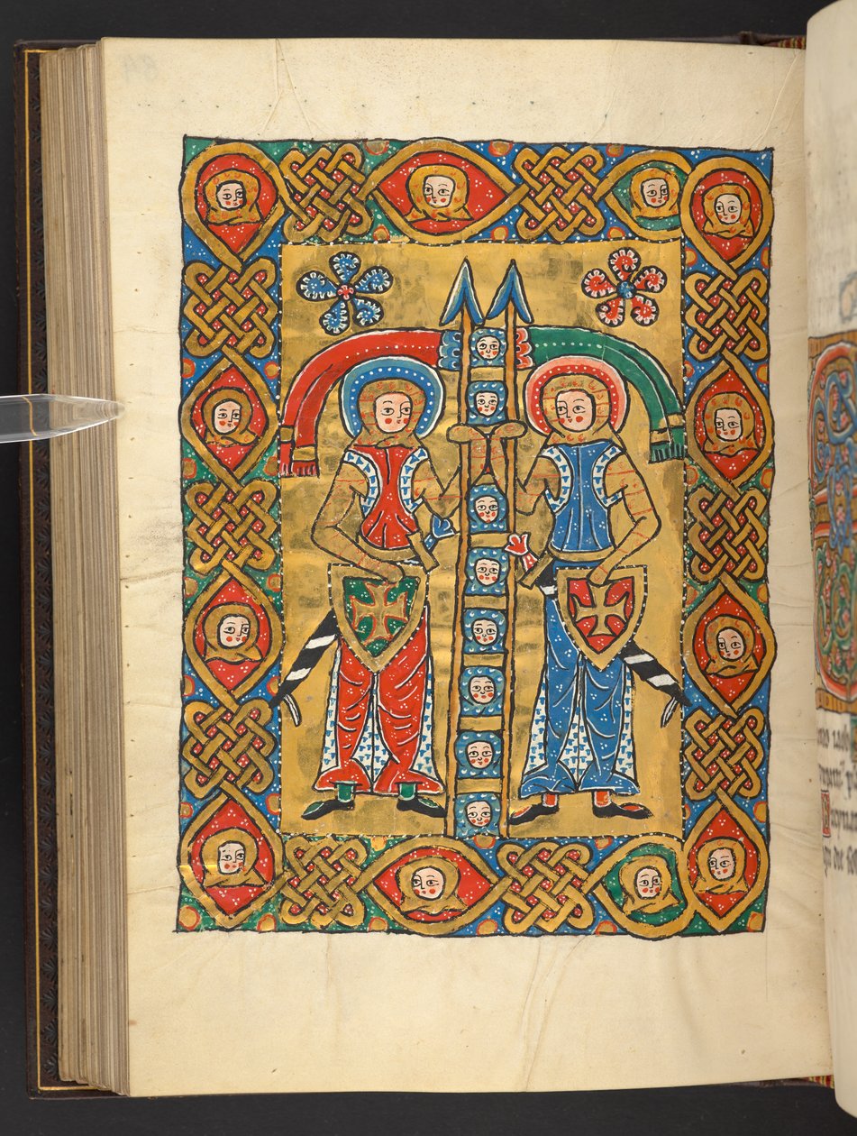Ekle. 60629, f.84v Diğerlerinin başlarıyla birlikte iki askeri aziz (parşömen) by German School