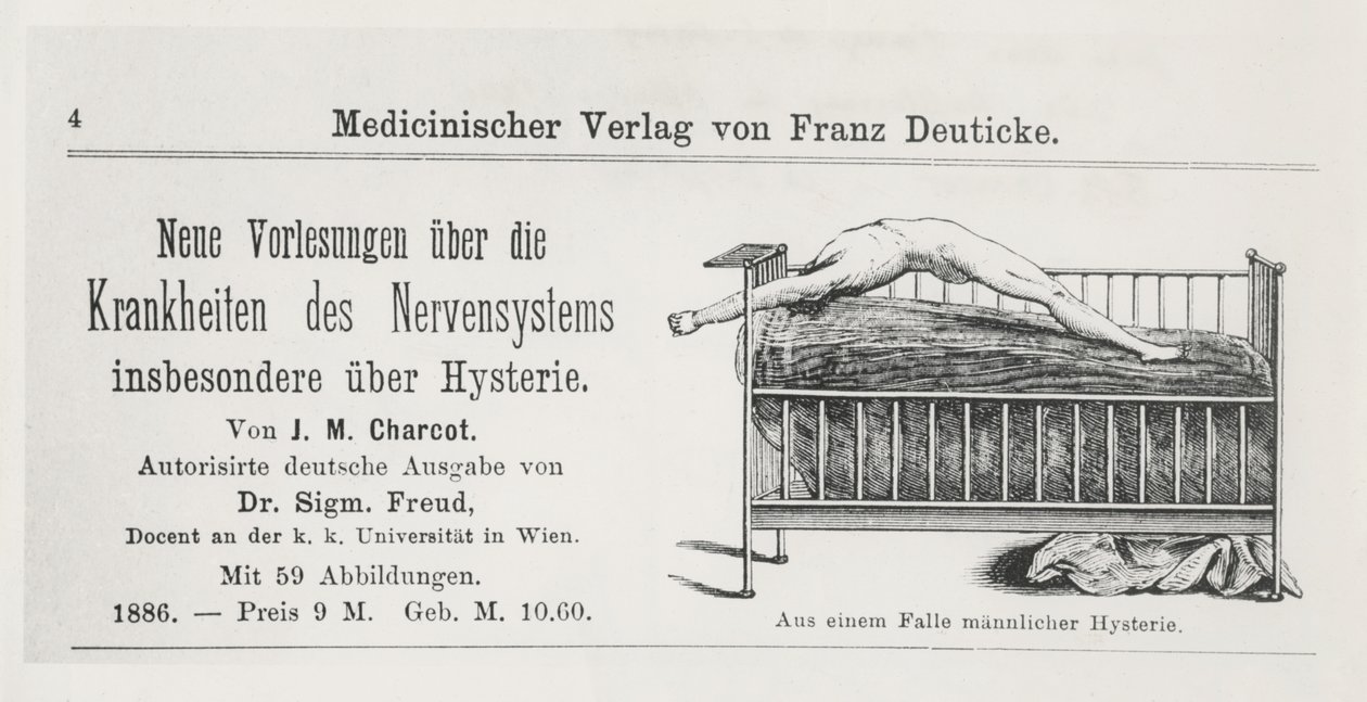 'On Afazi: A Critical Study'den 'Sinir sistemi hastalıkları, özellikle Hysteria, JM Charcot tarafından çevrilmiş, Sigmund Freud tarafından çevrilmiş yeni dersler' için reklam by German School