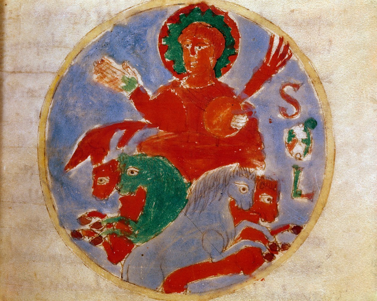 Güneş Minyatürünün, Rabanus Maurus Magnentius (veya Raban Maur veya Rabano Mauro) tarafından "De Universe" (veya De rerum naturis (De la Nature des selects)) (kod. 132) içindeki "de sole" cildinden alınan alegorik temsili ( yaklaşık 780-856). 9. yüzyıl. Ar by German School