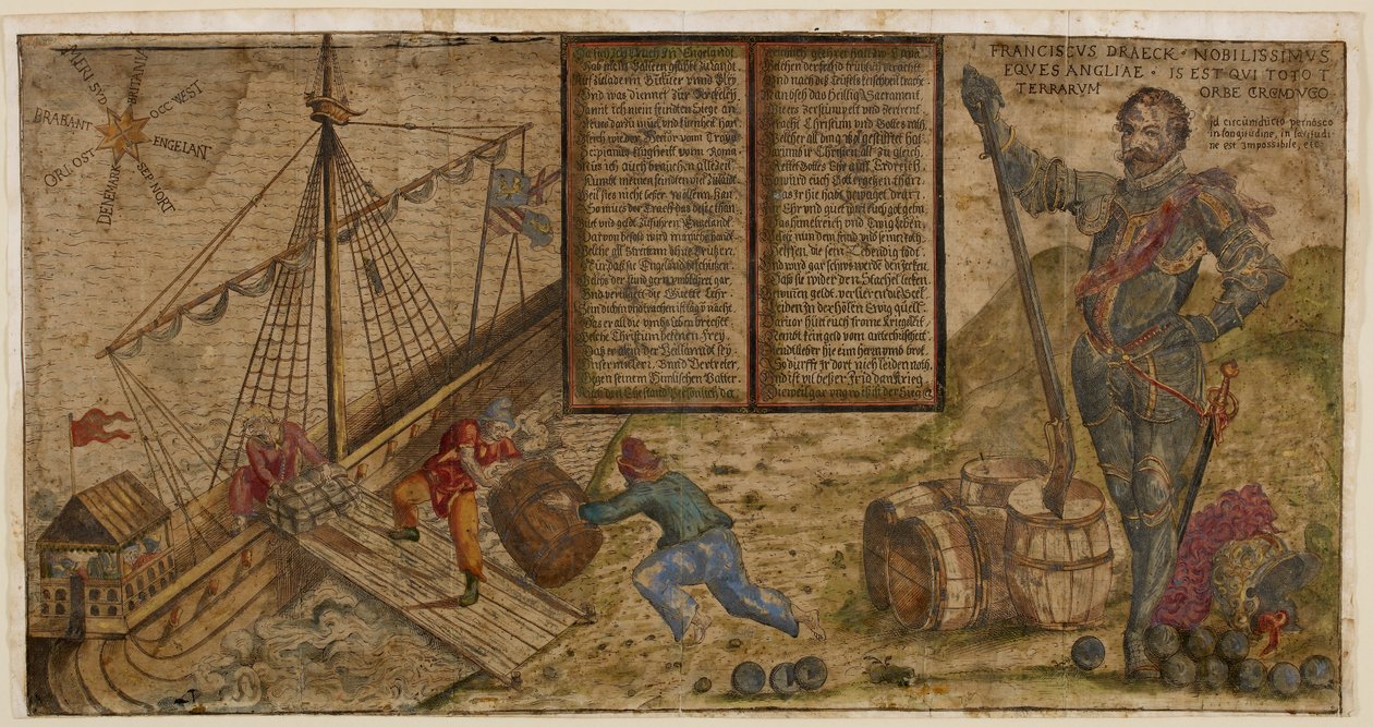 Francis Drake'in İspanyollara karşı yürüttüğü kampanyayı kutlayan resimli bir bordür, 'Hier steh ich Drach in Engelandt'tan illüstrasyon (kağıt üzerine yıkamalı kalem ve mürekkep) by German School