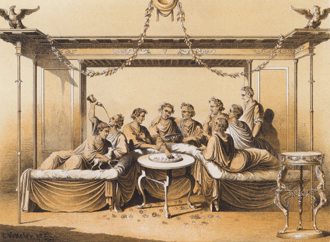 Yemek yiyen Antik Romalılar (renkli lito) by German School