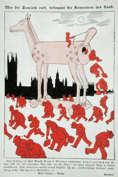 Bolşeviklerin Truva Atı'ndan Londra'ya kaçışını betimleyen Üçüncü Reich'ın Bolşevik karşıtı karikatürü (renkli lito) by German School