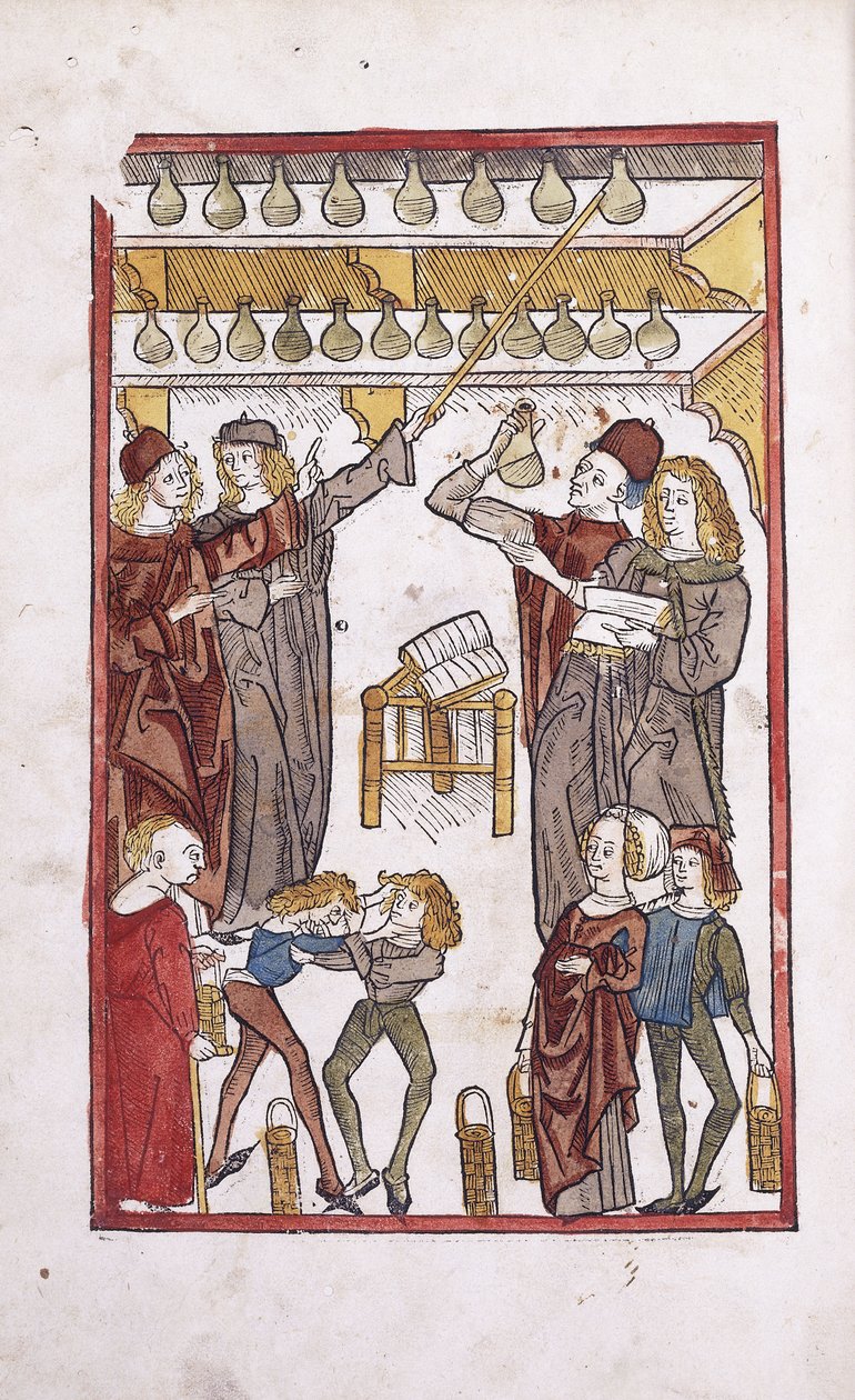 Eczacılar ve iksirler, ön planda kavga eden iki çocuk, 1491 by German School