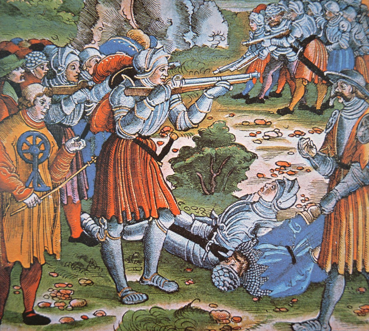 Zırhlı askerler kibritle ateş ediyor Arquebus, 15. yüzyılın sonları (el renkli gravür) by German School