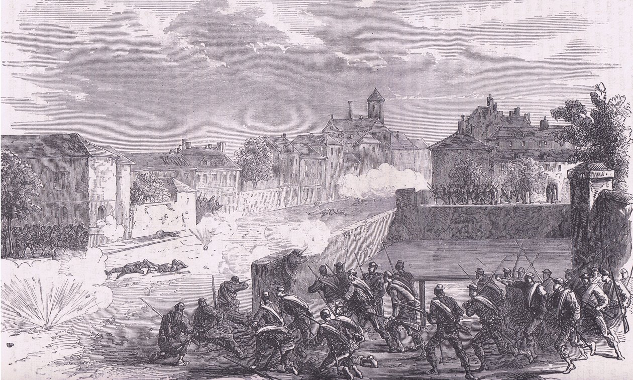 Attack on Le Bourget, Cassells History of the War arasındaki Fransa ve Almanya, Cassell and Company Limited tarafından yayınlandı, c.1890 (litho) by German School