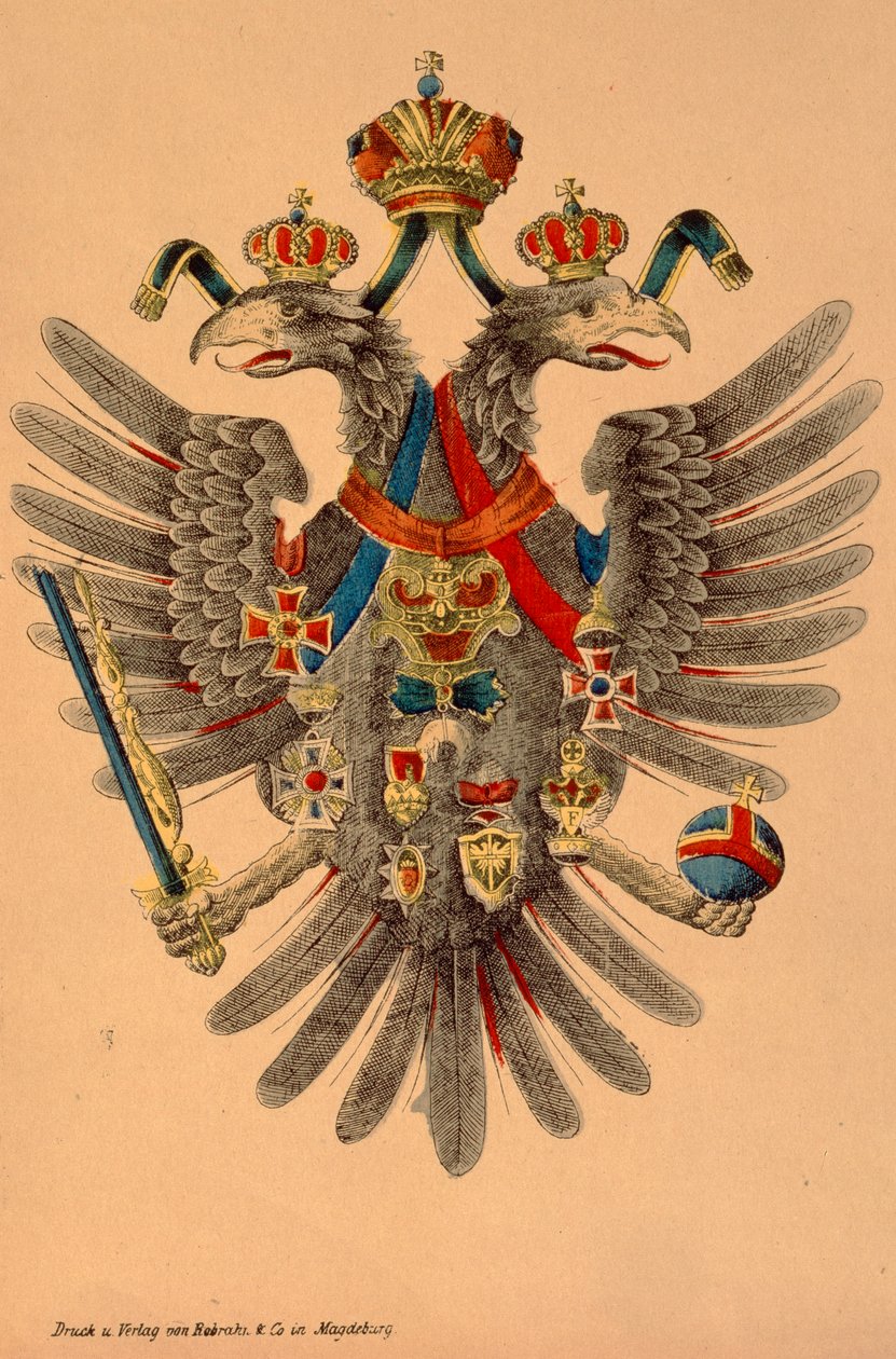 Avusturya-Macaristan imparatorluk arması, Robraki & Co. tarafından yayınlandı, Magdeburg, c.1865 (renkli gravür) by German School