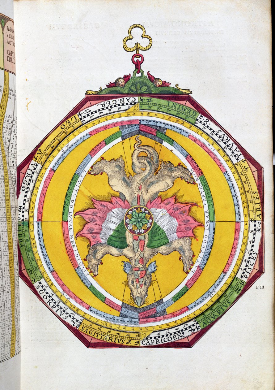 BT1.70.2 Volvelleor zodyak ile, Peter Apian (Bennewitz) (1495-1552) pub tarafından Astronimicum Caesareum'dan çizim. Ingolstadt'ta, 1540 (renkli gravür) by German School