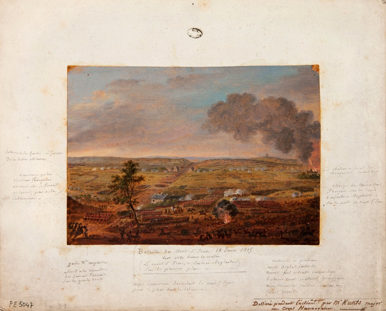 Mont-Saint-Jean Muharebesi, eylem sırasında Hanover birliğinden Binbaşı Kunts tarafından çizilmiş ve boyanmış, 18 Haziran 1815 (karton üzerine kurşun kalem ve guaj boyası) by German School