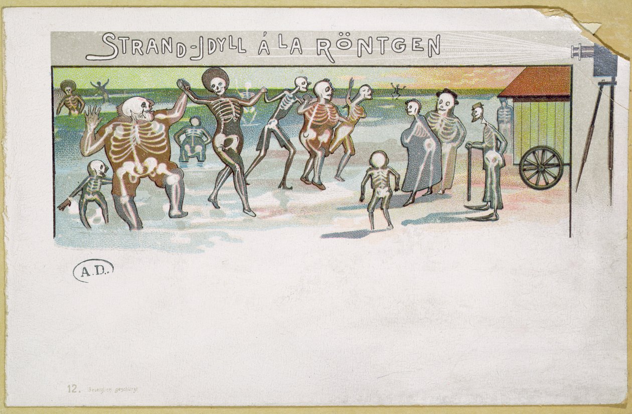 Röntgen tarzında plaj pastoral, X-ışınları hakkında çizgi film, c.1896-99 (renkli gravür) by German School