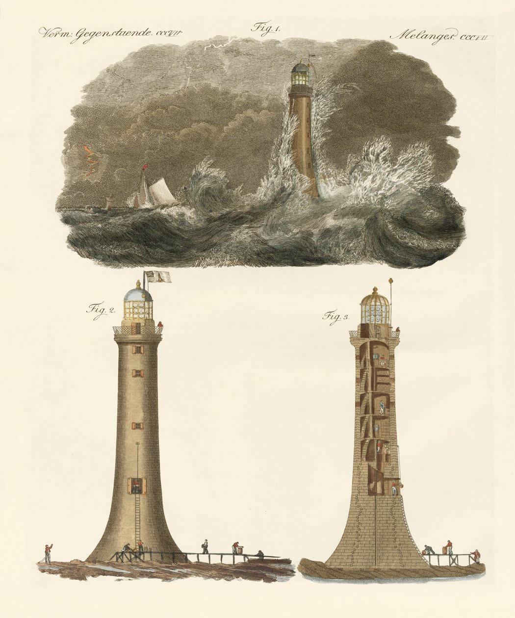 Bell Rock deniz feneri (renkli gravür) by German School