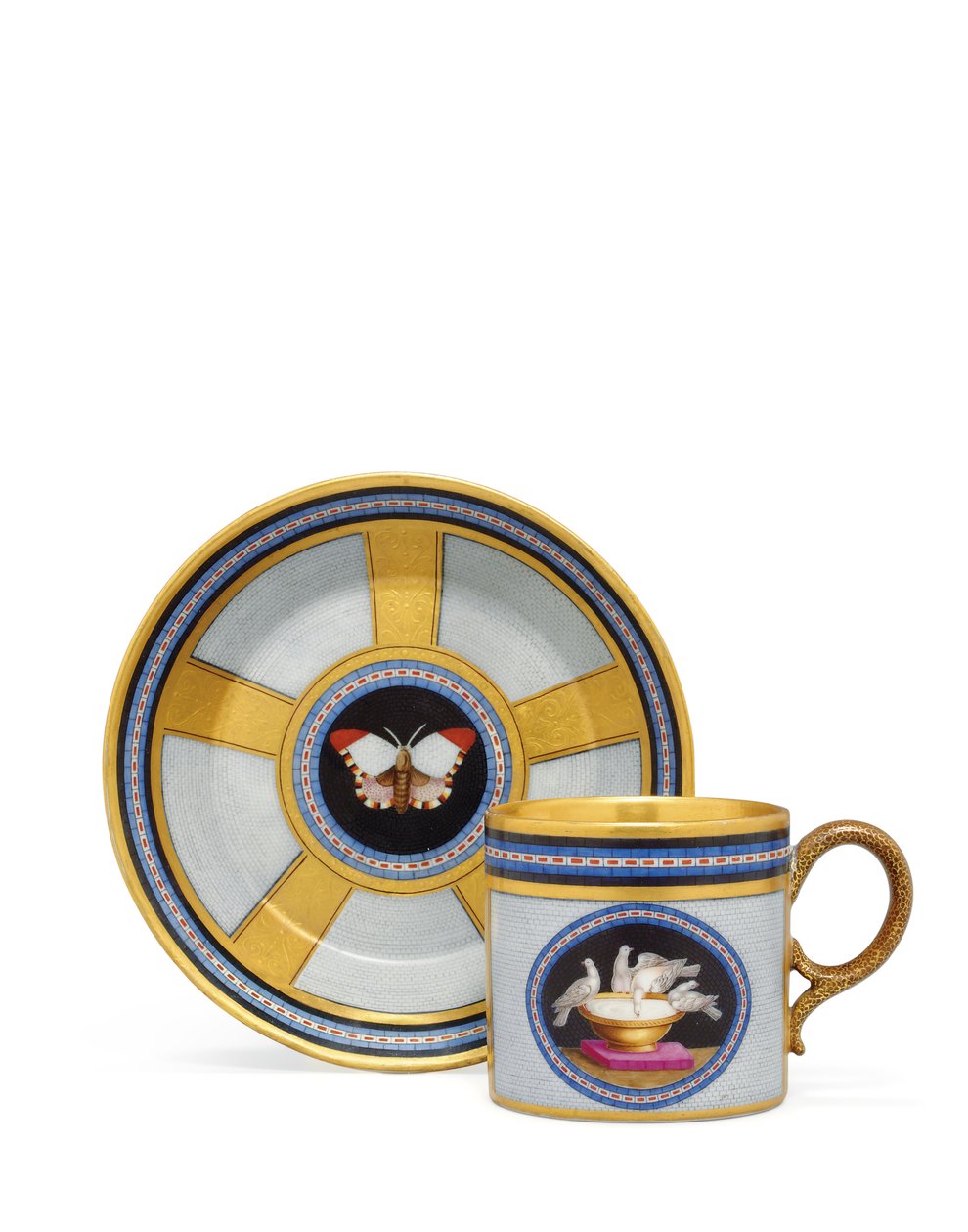 Berlin sahte pietra dura ve mikromozaik kahve kutusu ve tabağı, c.1810-15 (seramik) by German School