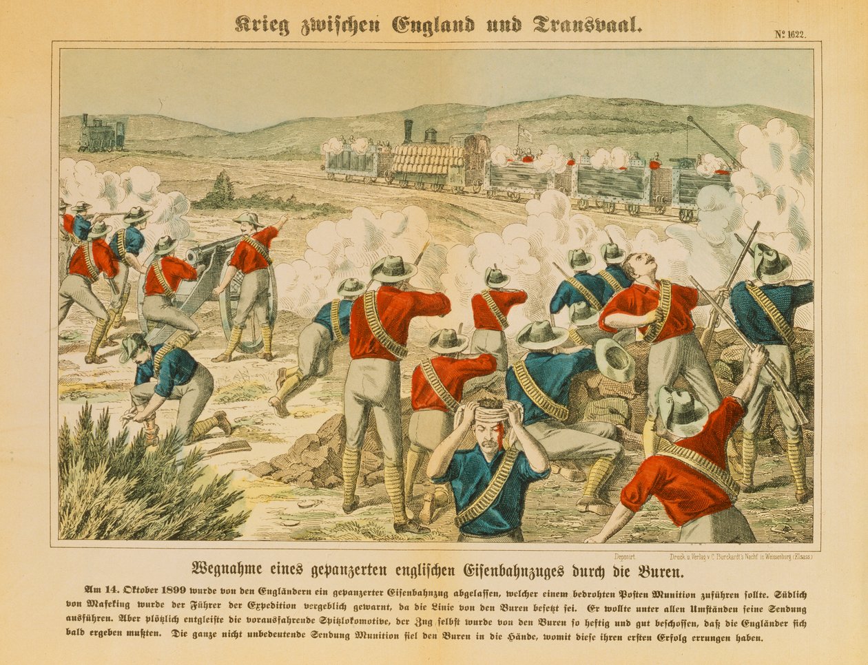 Boers, Maseking yakınlarında, İkinci Boer Savaşı sırasında zırhlı bir İngiliz trenini ele geçirdi, 14 Ekim 1899, C. Burckhardts Nachf, Weissenburg, 1899 tarafından yayınlandı by German School