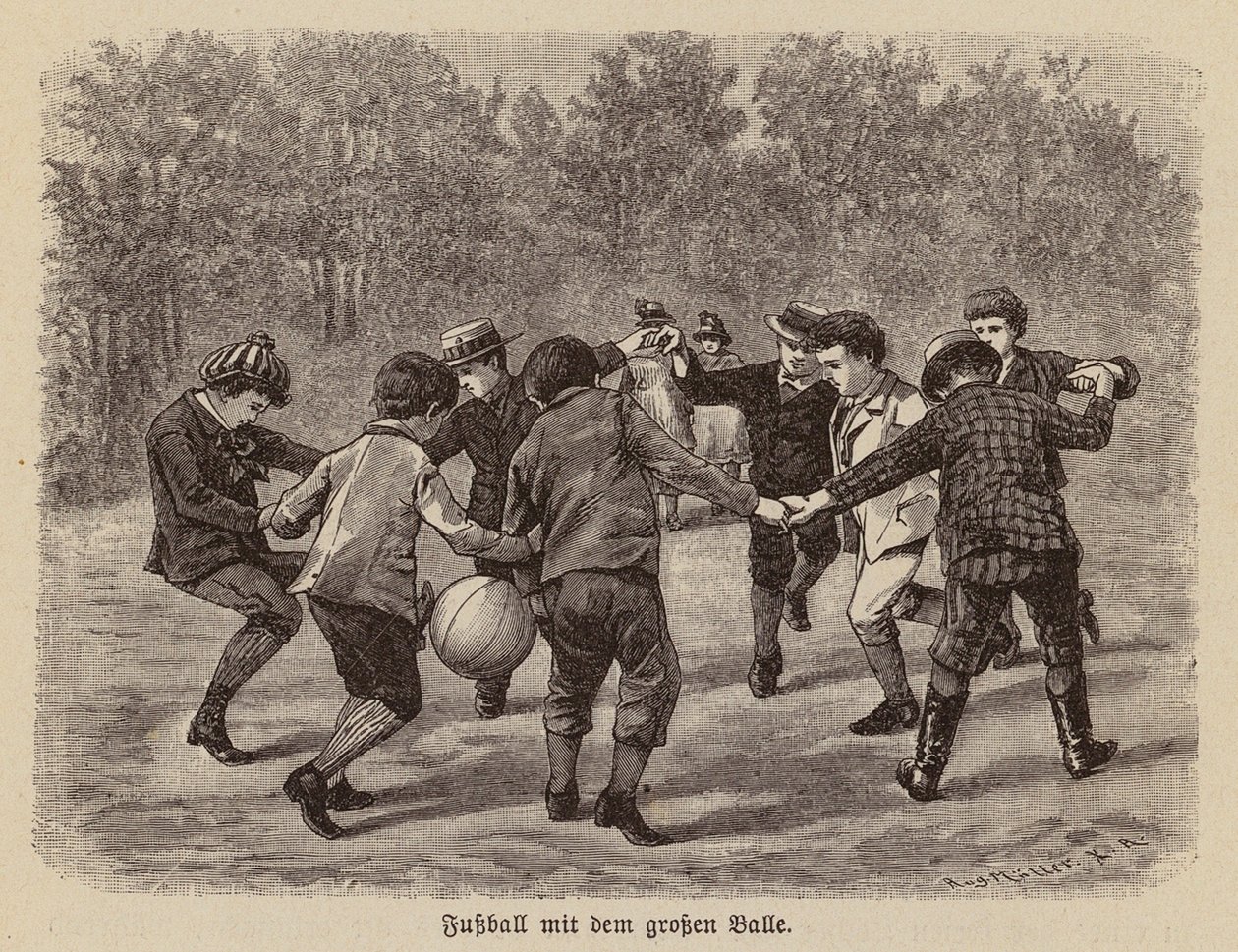 Büyük bir topla futbol oynayan çocuklar (gravür) by German School