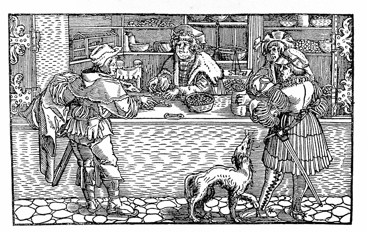 Bureau de change et barter. 16. yüzyılın Alman Xylografisi by German School