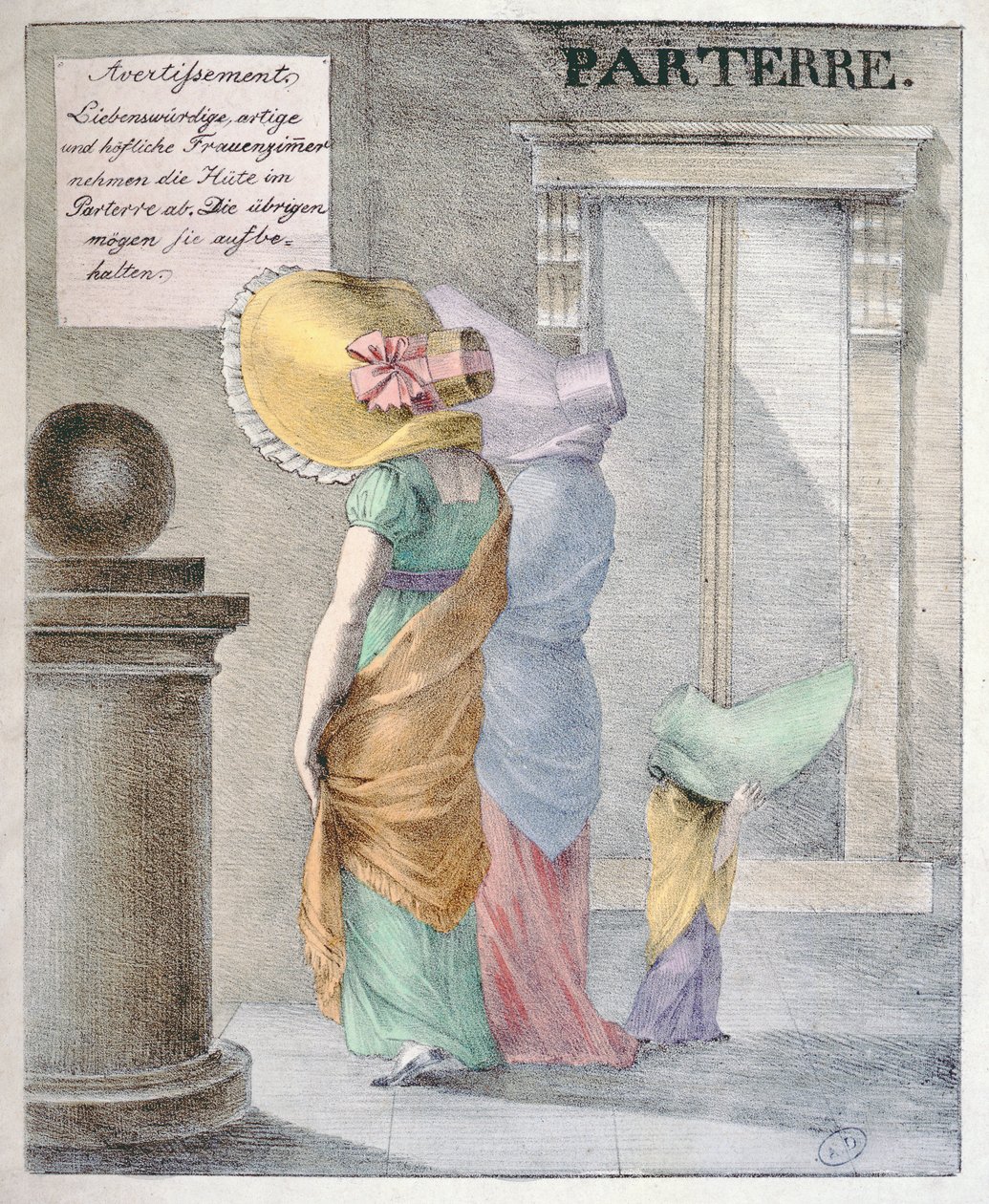 Kadınların devasa şapkalar takma modasıyla alay eden çizgi film, 1820 dolaylarında by German School