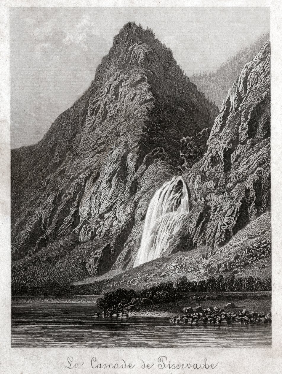 Pissevache şelalesi. (gravür, yaklaşık 1830) by German School