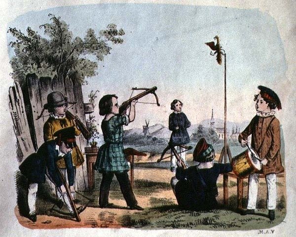 Arquebuse ile hedefe ateş eden çocuklar, c.1860 (renkli gravür) by German School