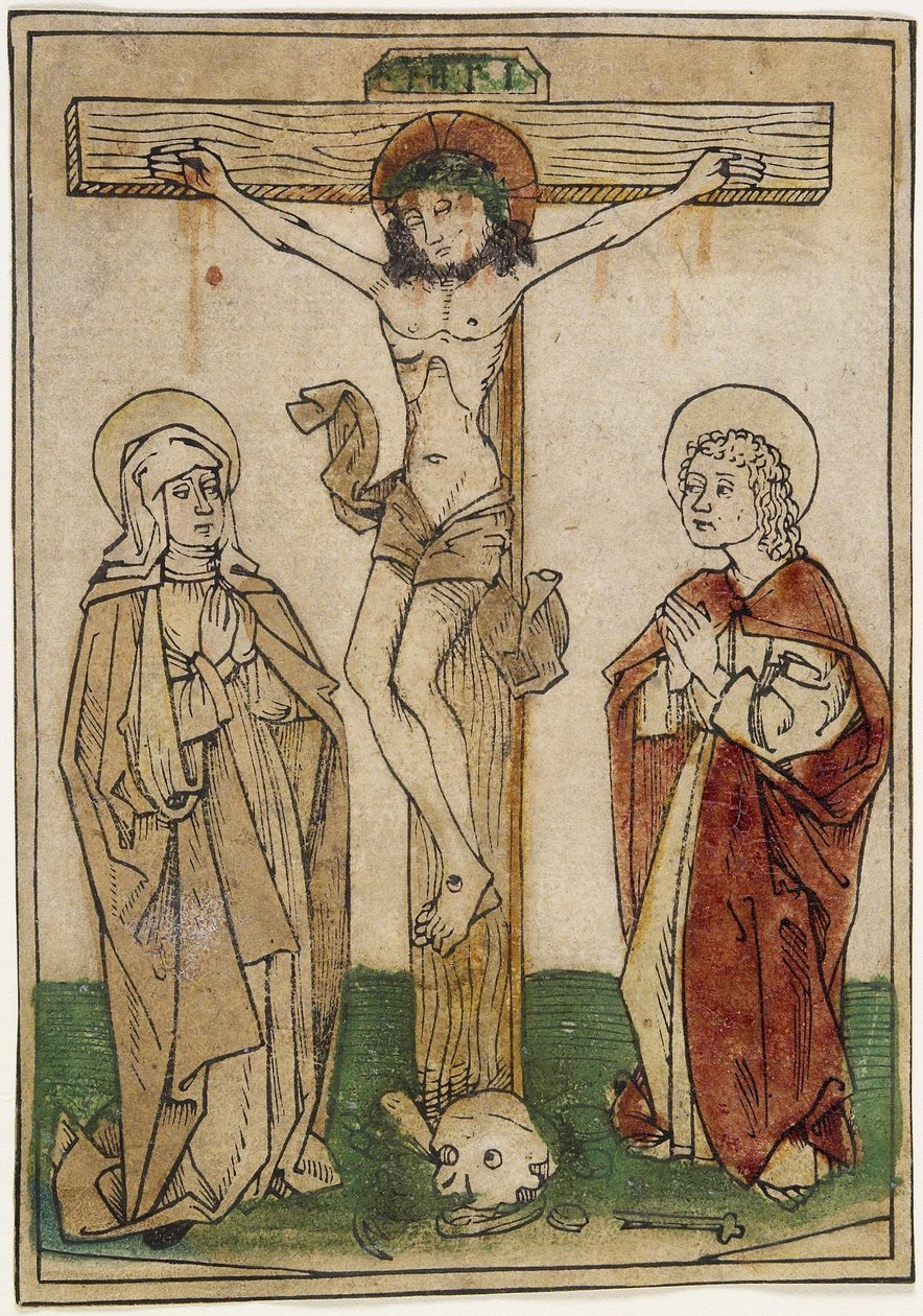 Meryem ve Aziz John ile Haç Üzerinde İsa, c.1470-80 (parşömen üzerine elle boyanmış gravür) by German School