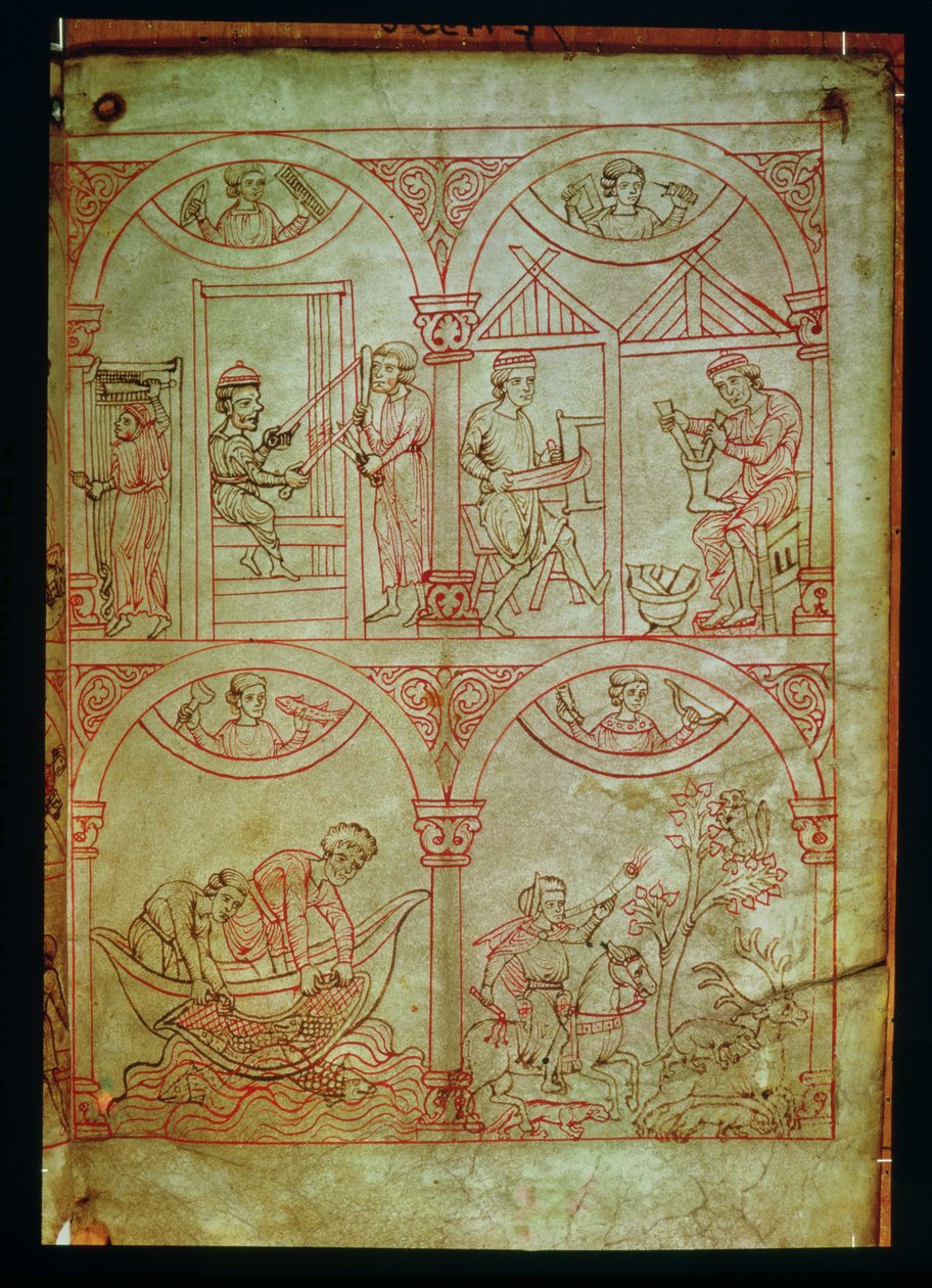 Codex 507 fol.2r Weaver, Shoemaker, Fishermen and Hunter, Renner Musterbuch'dan, c.1208-18 by German School