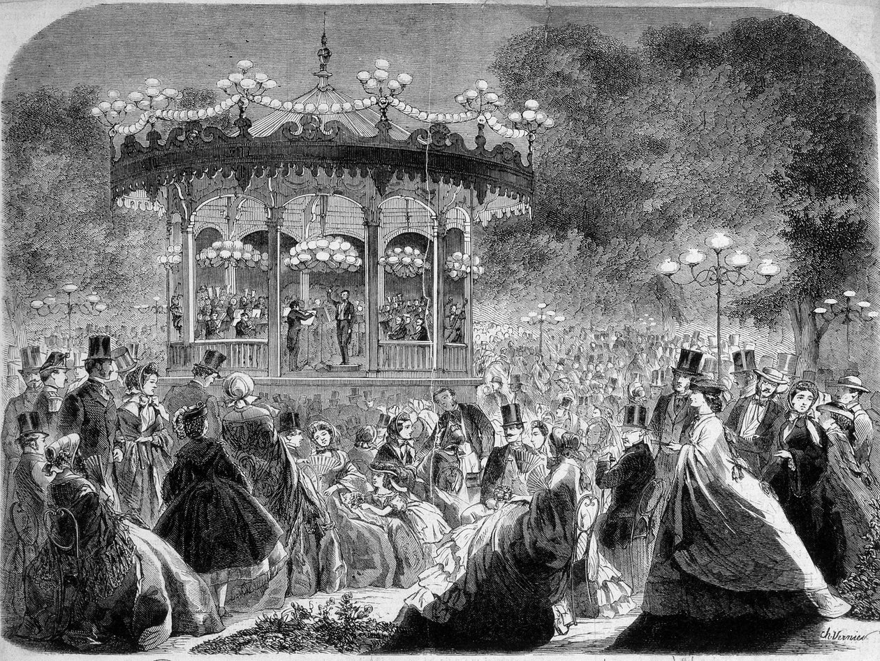 Champs-Elysées müzik büfesindeki konser, Alman gravürü v. 1861. by German School