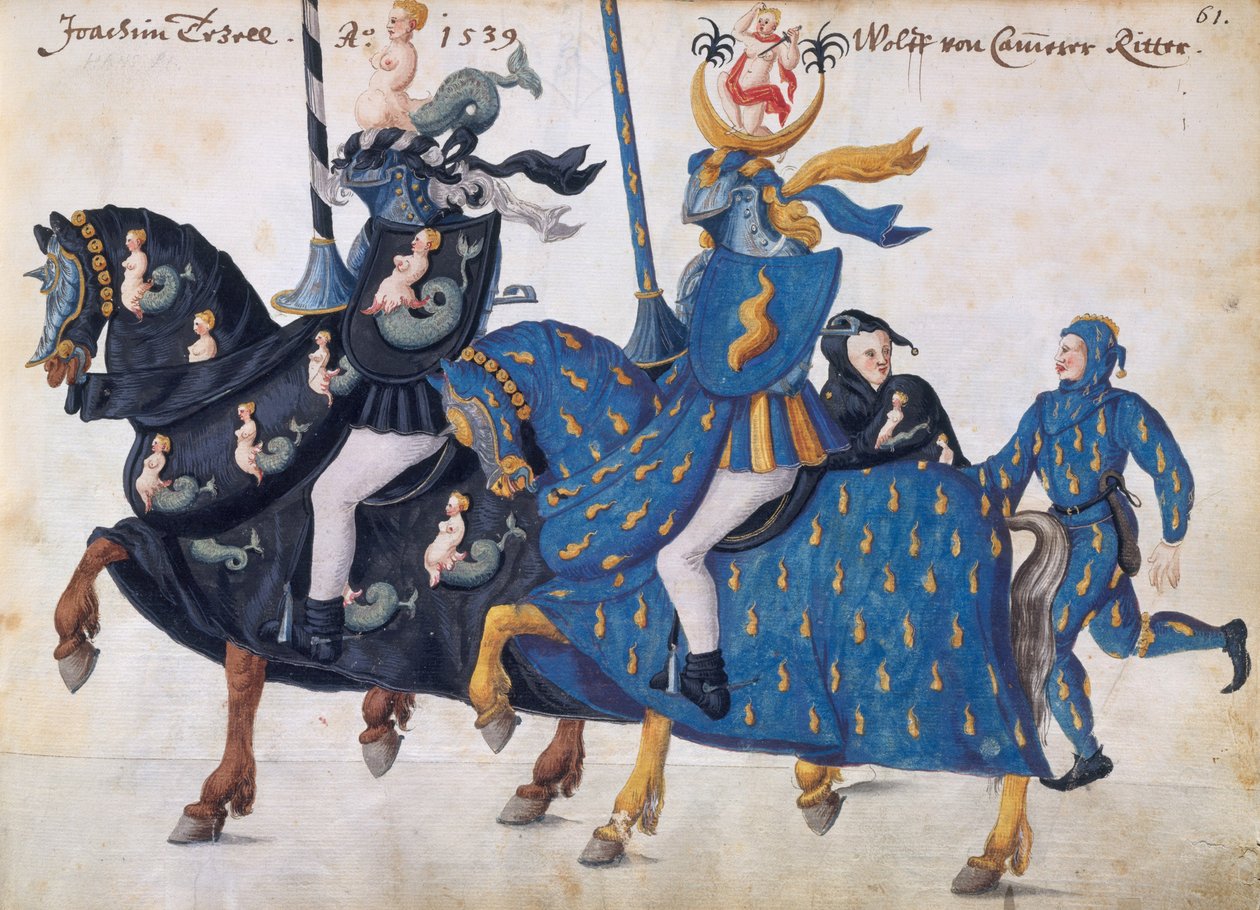 Bir turnuva için donatılmış yarışmacılar, c.1640 (kalem ve mürekkep, sulu boya ve yıkamalar) by German School
