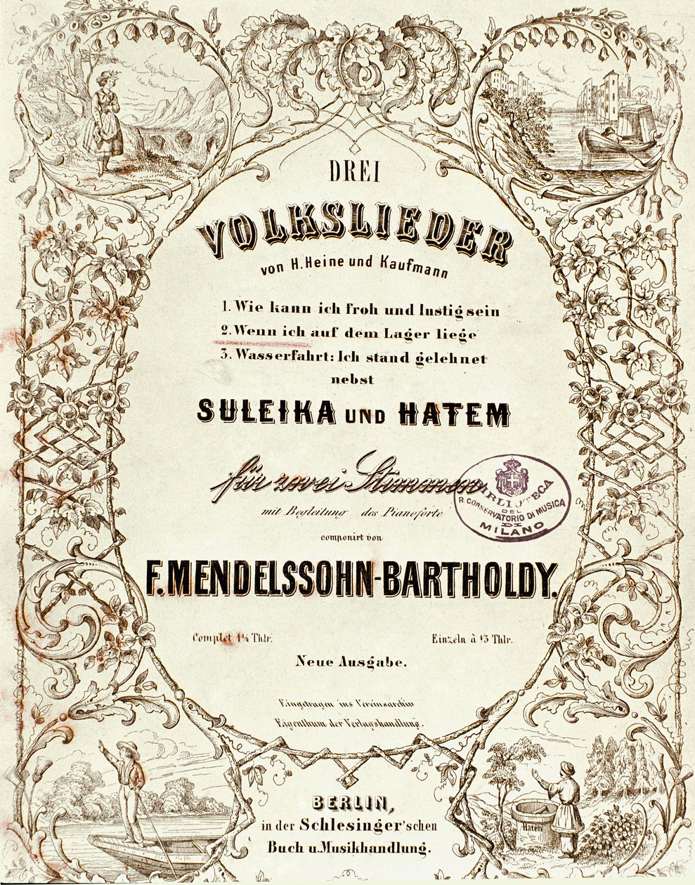 Felix Mendelssohn tarafından yazılan Drei Volkslieder için skor kapağı by German School
