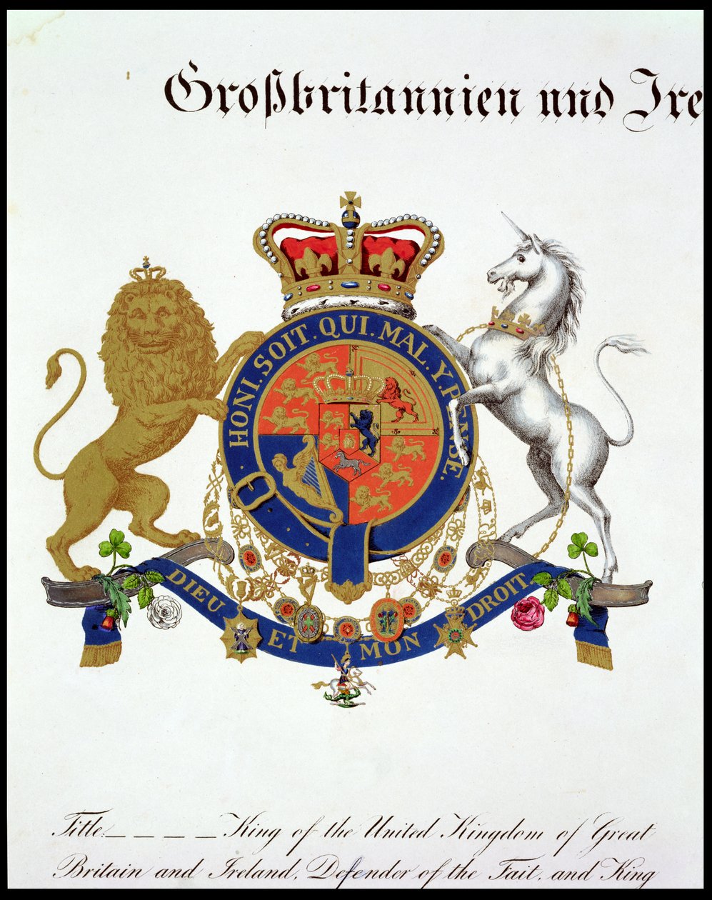 Büyük Britanya ve İrlanda Birleşik Krallığı Kralının Arması, İnancın Savunucusu ve Hanover Kralı (c.1801-37) (ayrıca bkz. 111318) by German School