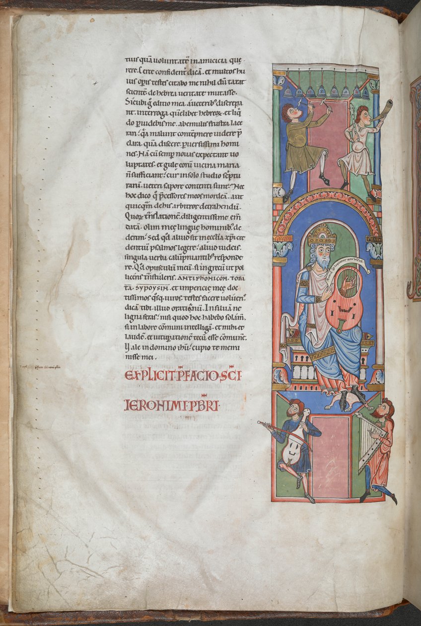 David, Psalms#39;ın önsözünde arpçı olarak, #39;Worms Bible#39;, Harley 2804 f.3v, 2.-3. çeyrek 12. yüzyıl (parşömen üzerine mürekkep ve renkli) by German School