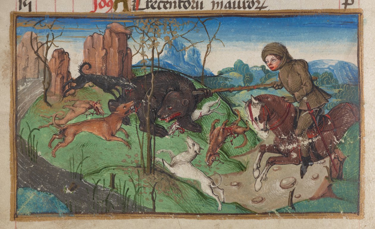 Ekim ayı için takvim sayfasından ayı avcılığı yapan bir asilzadenin minyatürünün detayı, c. 1475-1485 by German School