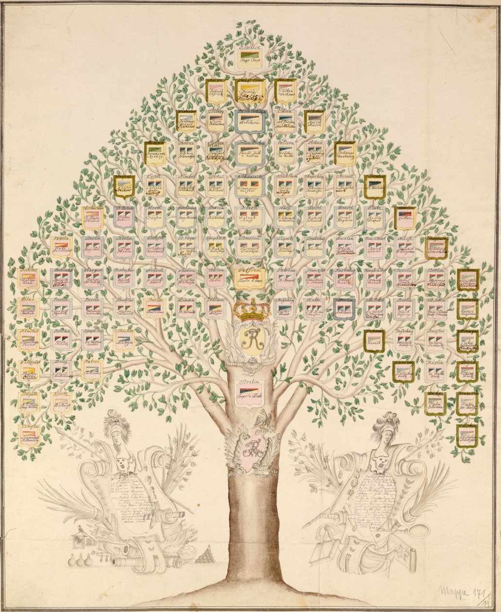 Kraliyet Prusya Ordusunu oluşturan alayların 97 istasyonunun şeması, 1756 (kağıt üzerinde kalem, mürekkep ve tuvalet) by German School