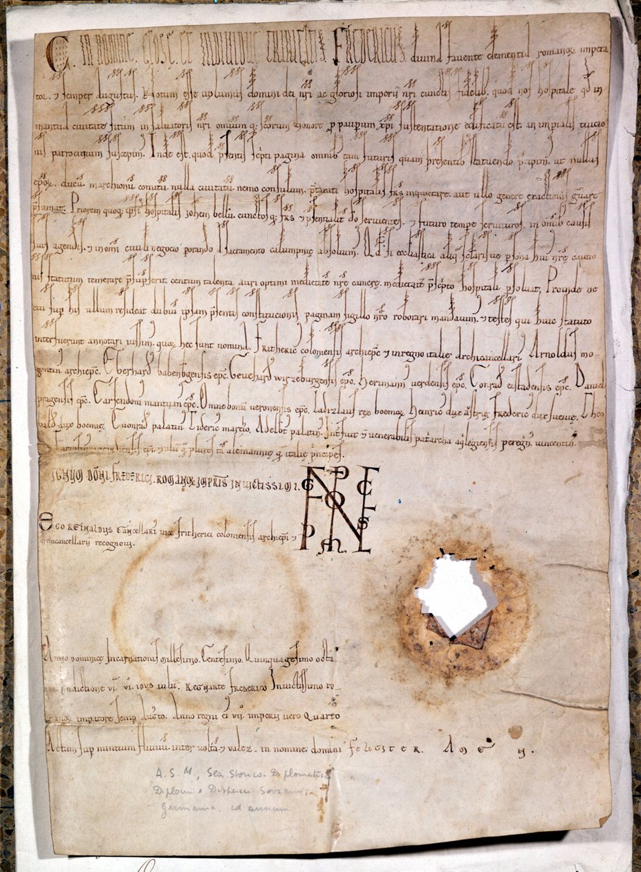 Mantua hastanesi için 10 Temmuz 1158 tarihli diploma. Belge, Alman İmparatoru Frederick I Barberossa (1122 - 1190) tarafından imzalanmıştır. Milano Ulusal Arşivi. by German School