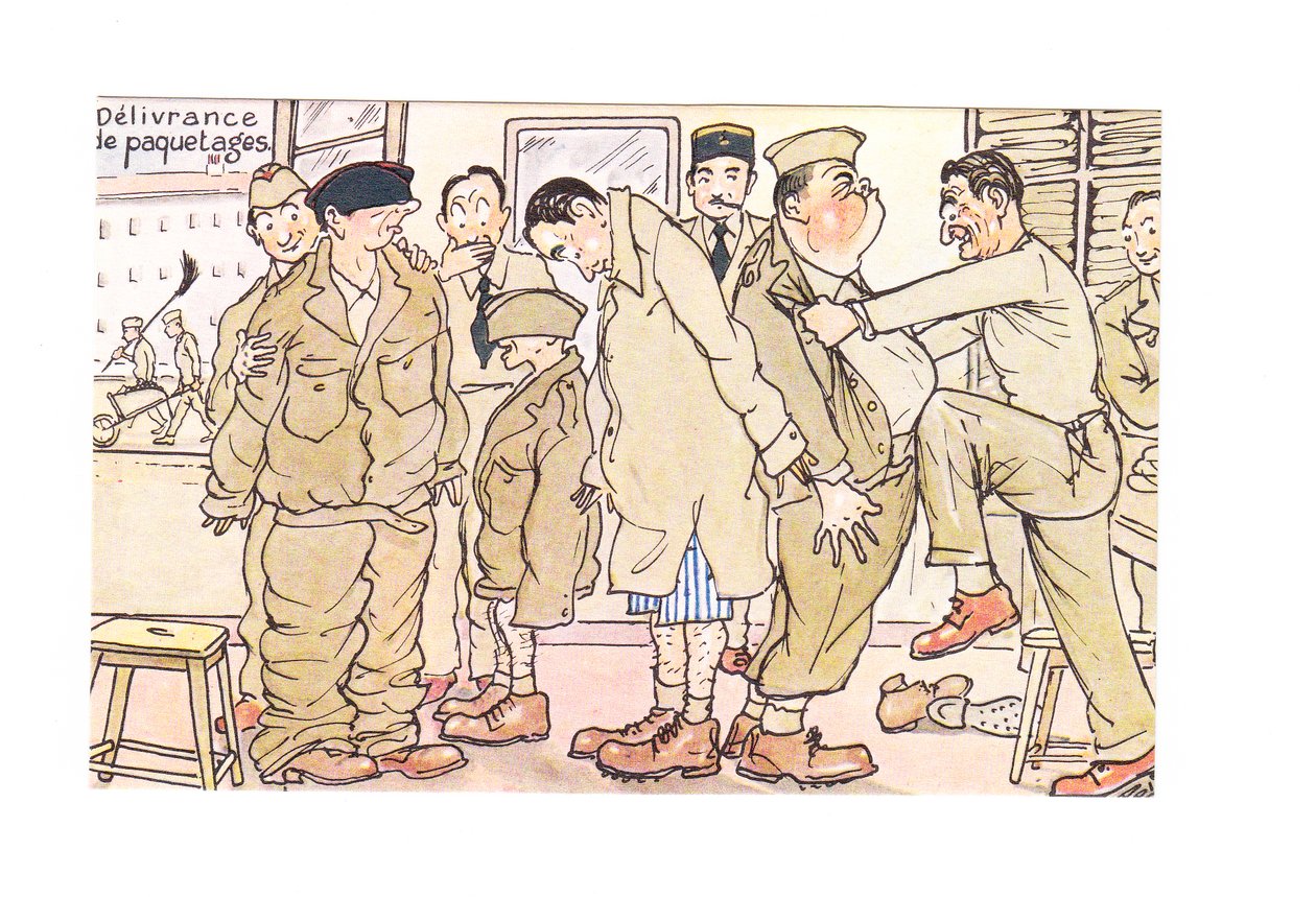 Bir karakolda incelenen yeni askerlerin Edward dönemi komik kartpostalı, c.1910 (renkli taş) by German School