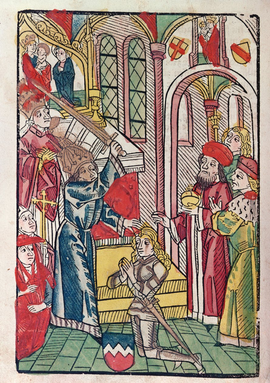 Lüksemburg İmparatoru Sigismund (1367-1437) bir şövalye dublajı (renkli gravür) by German School
