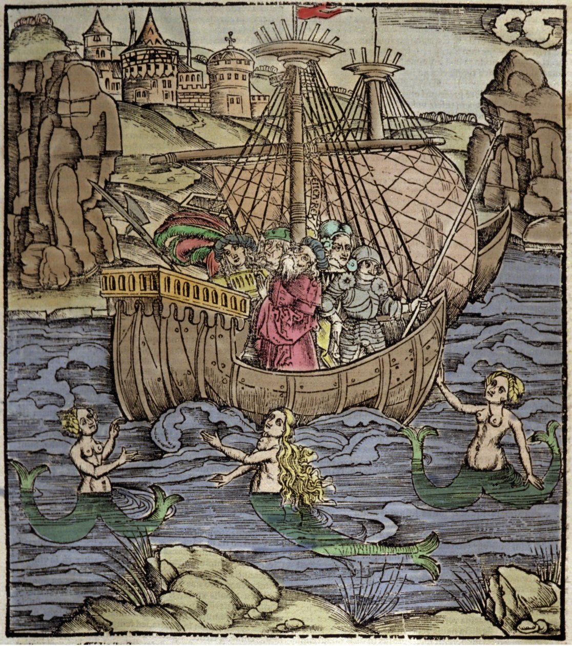 Eneide de Virgil (MÖ 70-19), Truva kahramanları Enee ve arkadaşları siren dolu bir denizi geçerler. Sebastian Brant (1458-1521) tarafından Xylography. Strazburg by German School