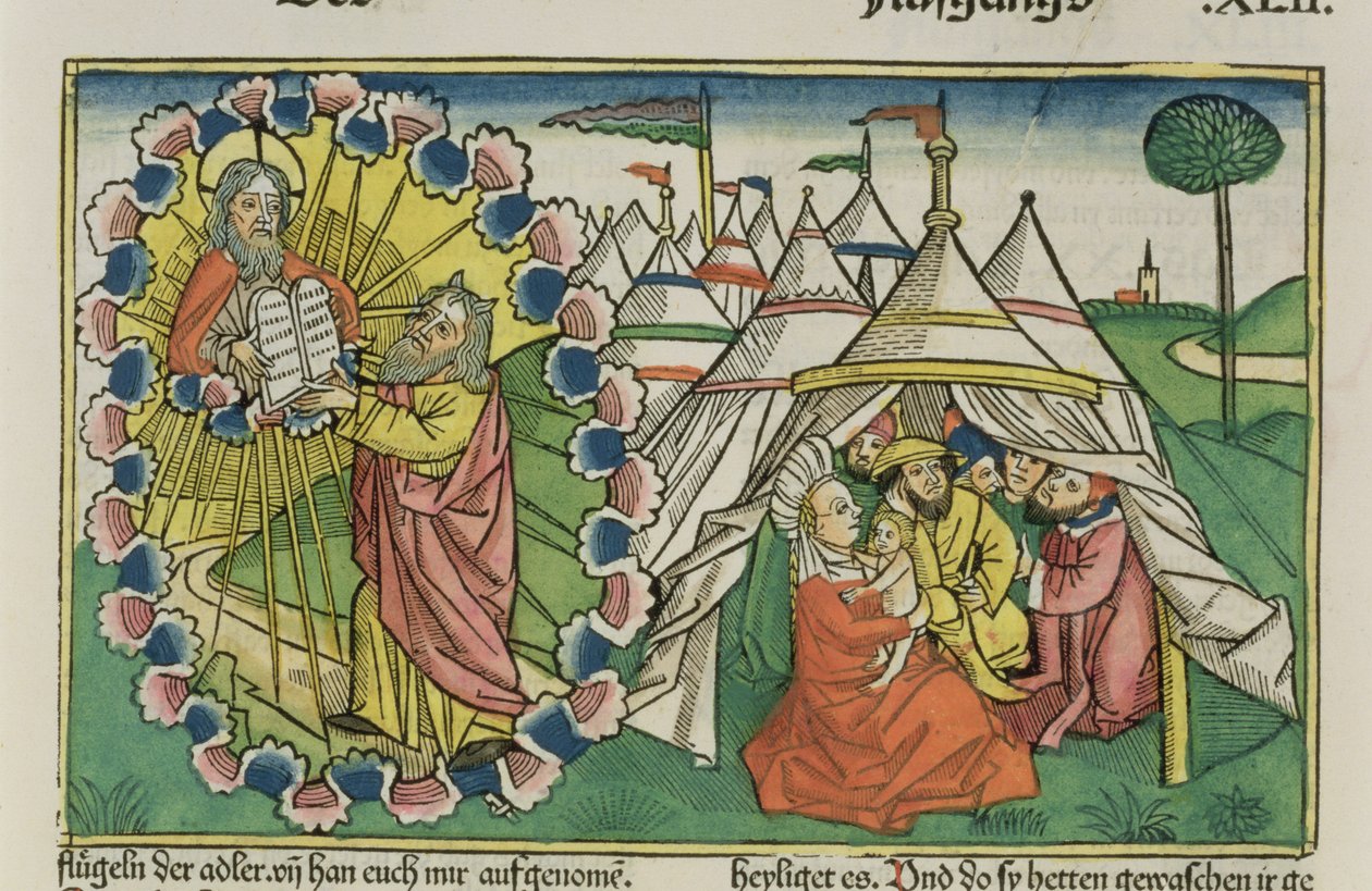 Çıkış 20 1-5 Musa, Nuremberg İncil'inden (Biblia Sacra Germanaica) On Emri alırken (renkli gravür) by German School