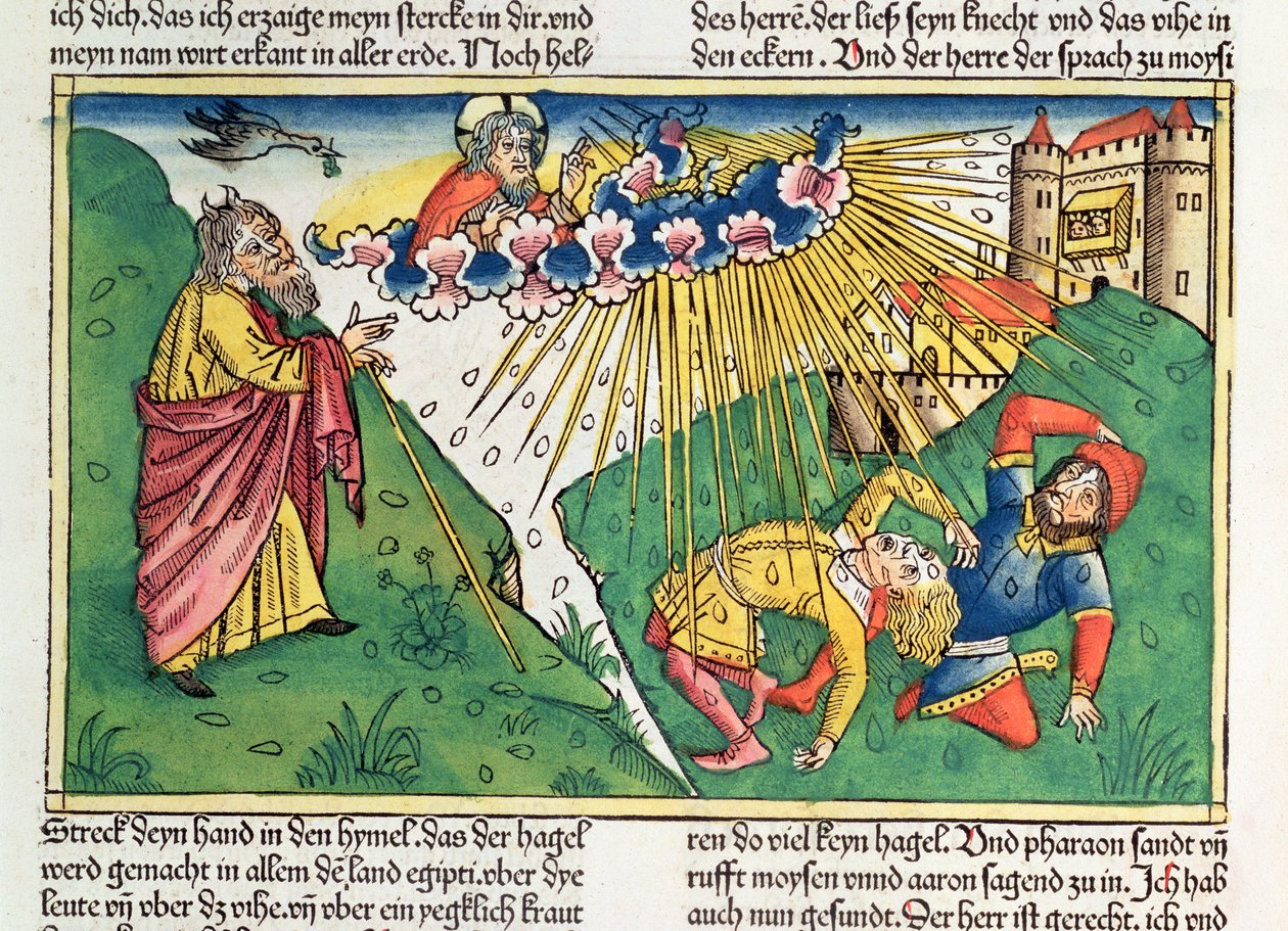 Çıkış 9 13-35 Mısır'ın Yedi Vebası: Musa ve 'Nürnberg İncili'nden (Biblia Sacra Germanaica)' (renkli gravür) dolu ve şimşek vebası by German School