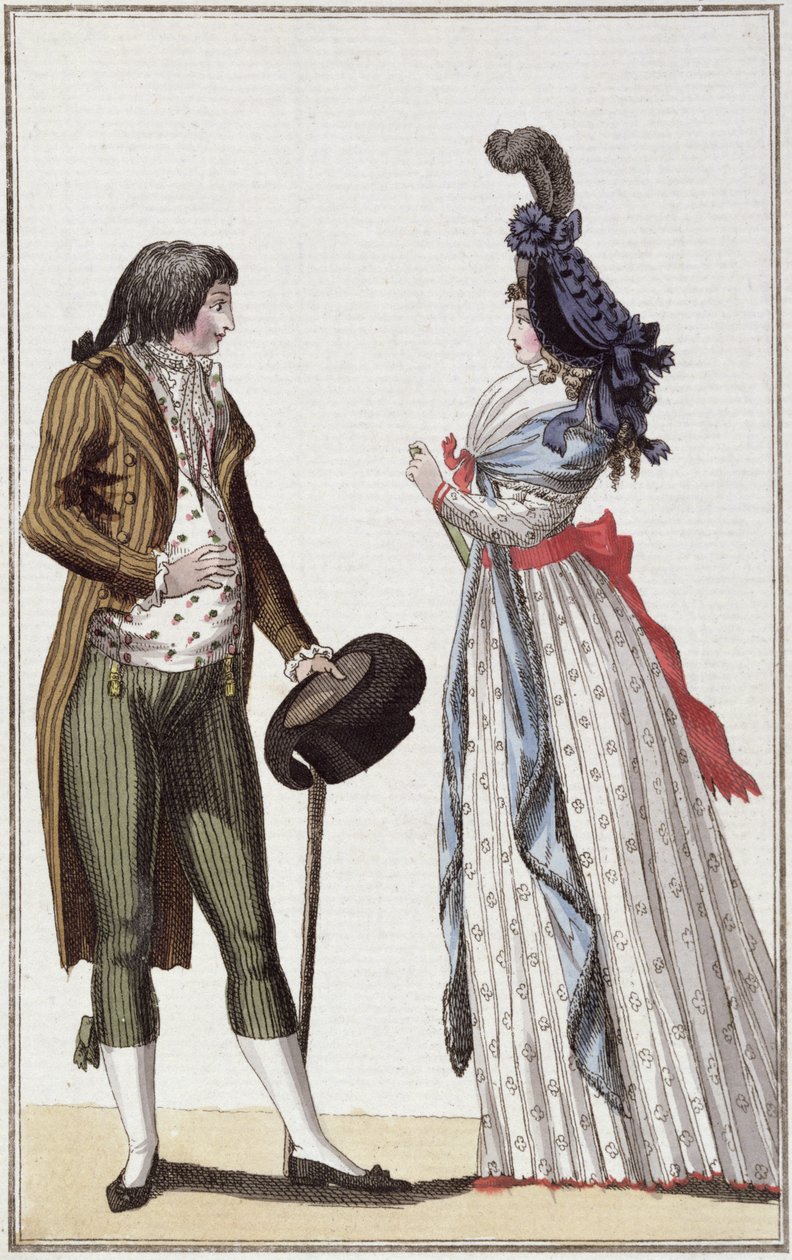 Directoire döneminin moda çifti (1795-99) (renkli gravür) by German School