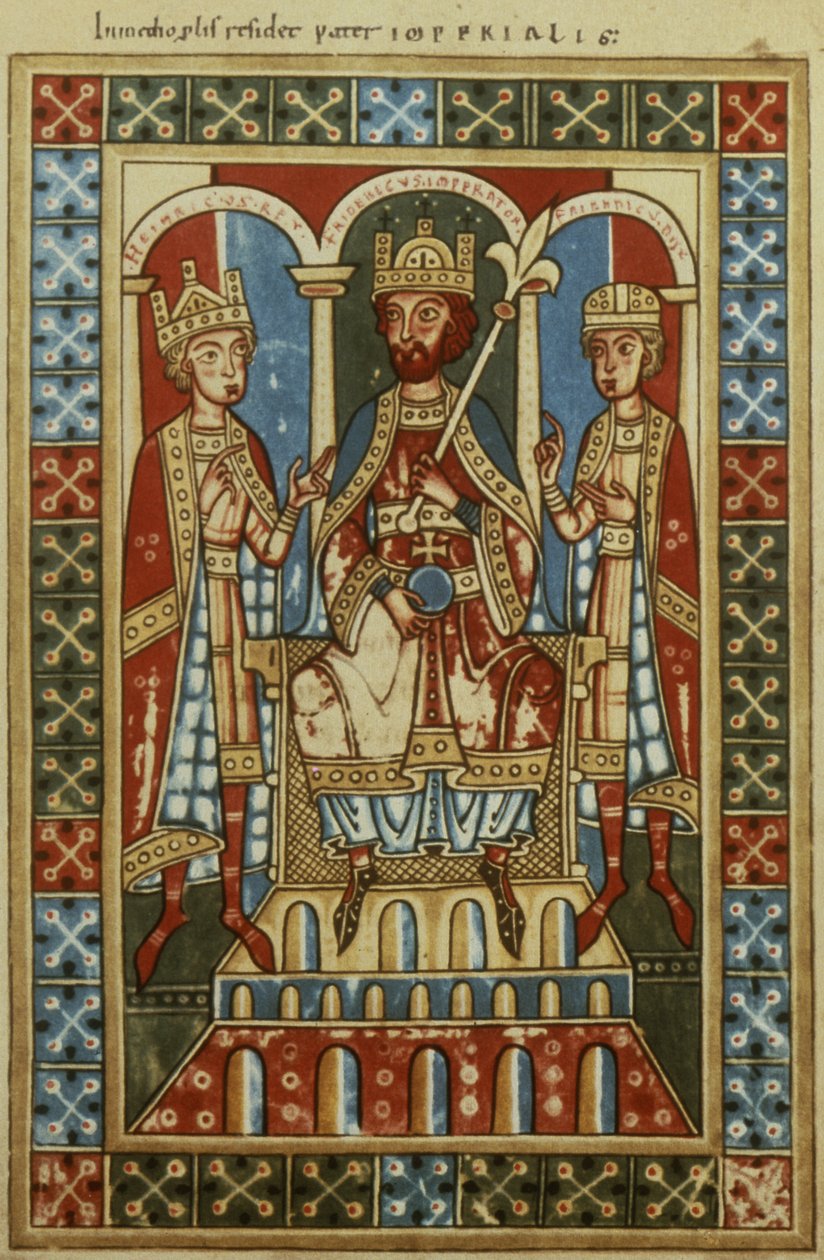 I. Frederick, iki oğlu Kral VI. Henry ve Dük Frederick ile birlikte, yaklaşık 1180 by German School