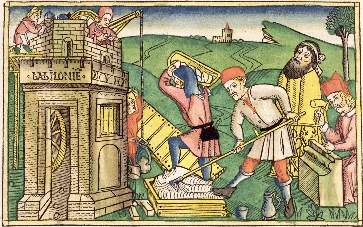 Yaratılış 11 1-9 Nürnberg İncilinden (Biblia Sacra Germanaica) Babil Kulesi İnşası (renkli gravür) by German School