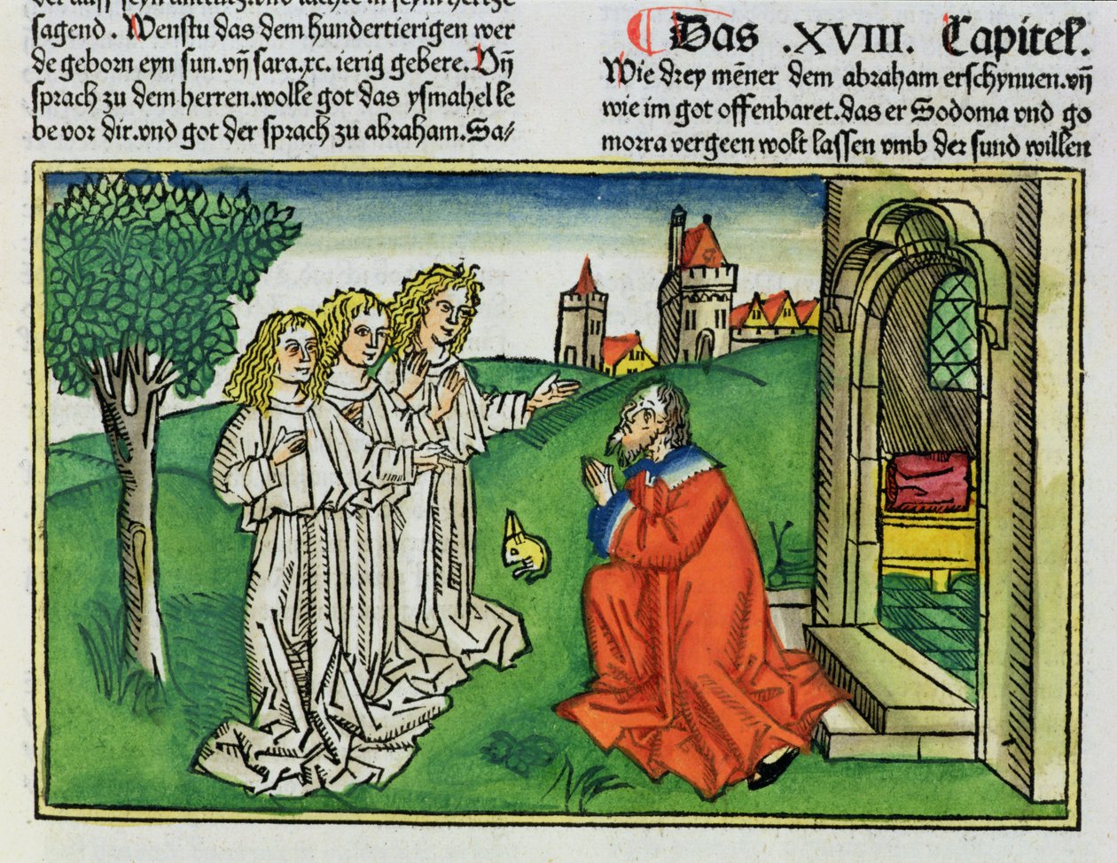 Yaratılış 18 2 İbrahim ve Üç Melek, Nürnberg İncilinden (Biblia Sacra Germanaica) (renkli gravür) by German School