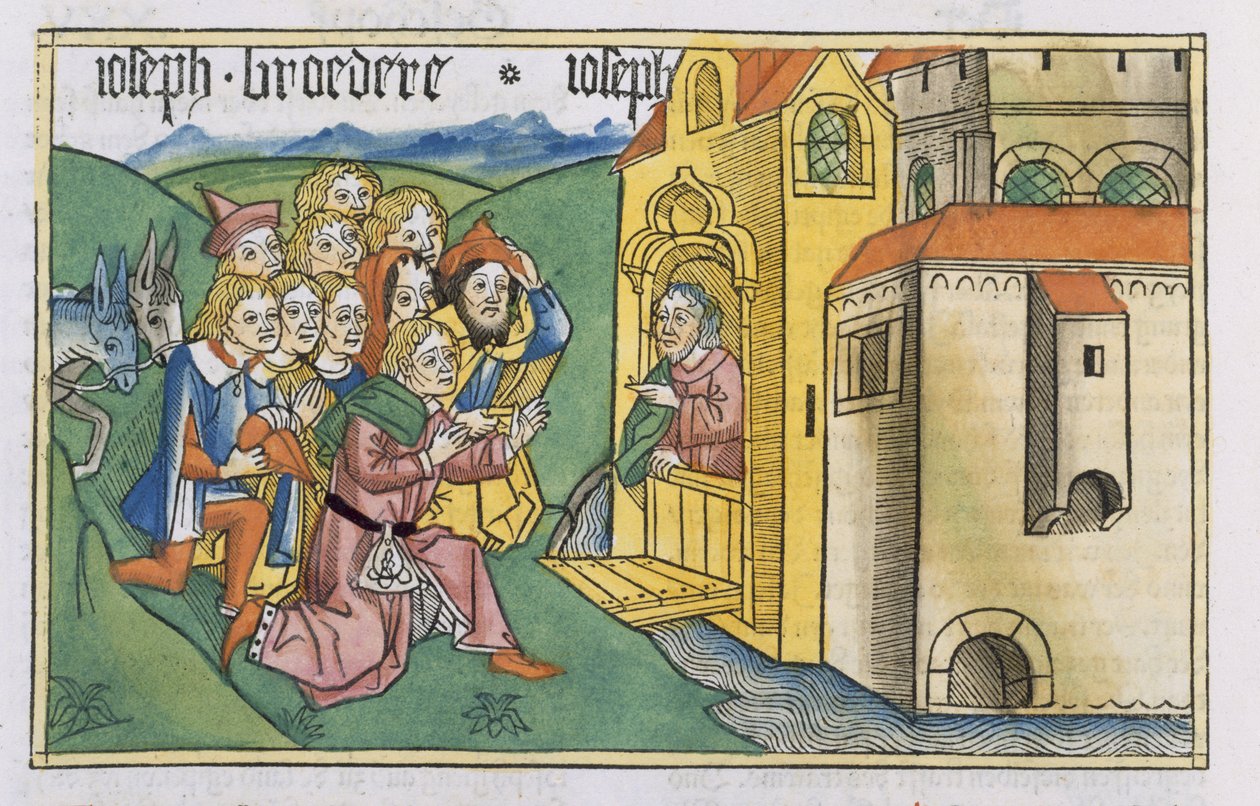 Yaratılış 42 1-5 Joseph'in kardeşleri, 'Nürnberg İncil'inden (Biblia Sacra Germanaica)' (renkli gravür) Mısır'a geliyor by German School