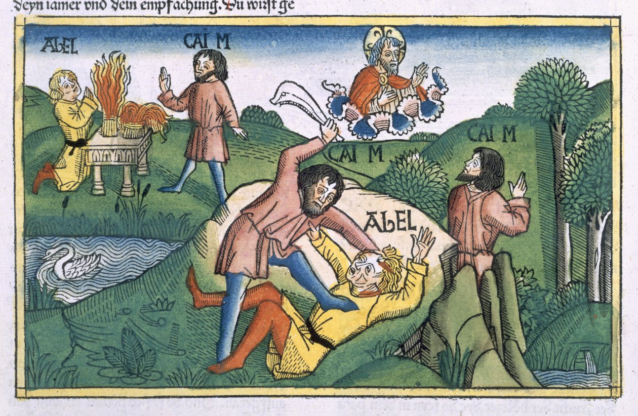 Genesis 4:8 Cain, 'Nürnberg İncil'inden (Biblia Sacra Germanaica)' (renkli gravür) Habil'i öldürdü by German School