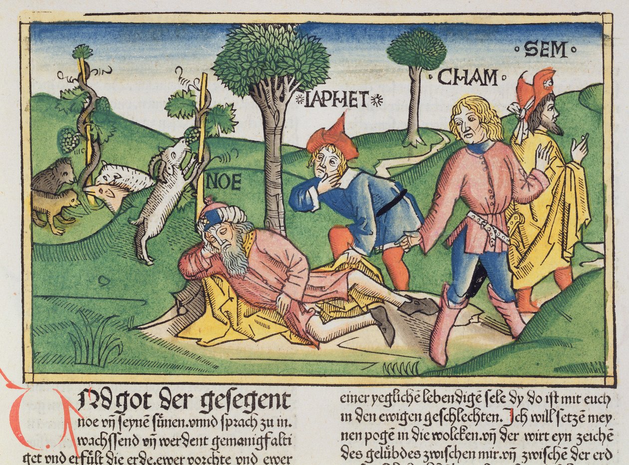 Yaratılış 9 20-27 Nuh, Nürnberg İncilinden (Biblia Sacra Germanaica) oğulları Shem, Ham ve Japeth tarafından bir pelerinle kaplandı (renkli gravür) by German School